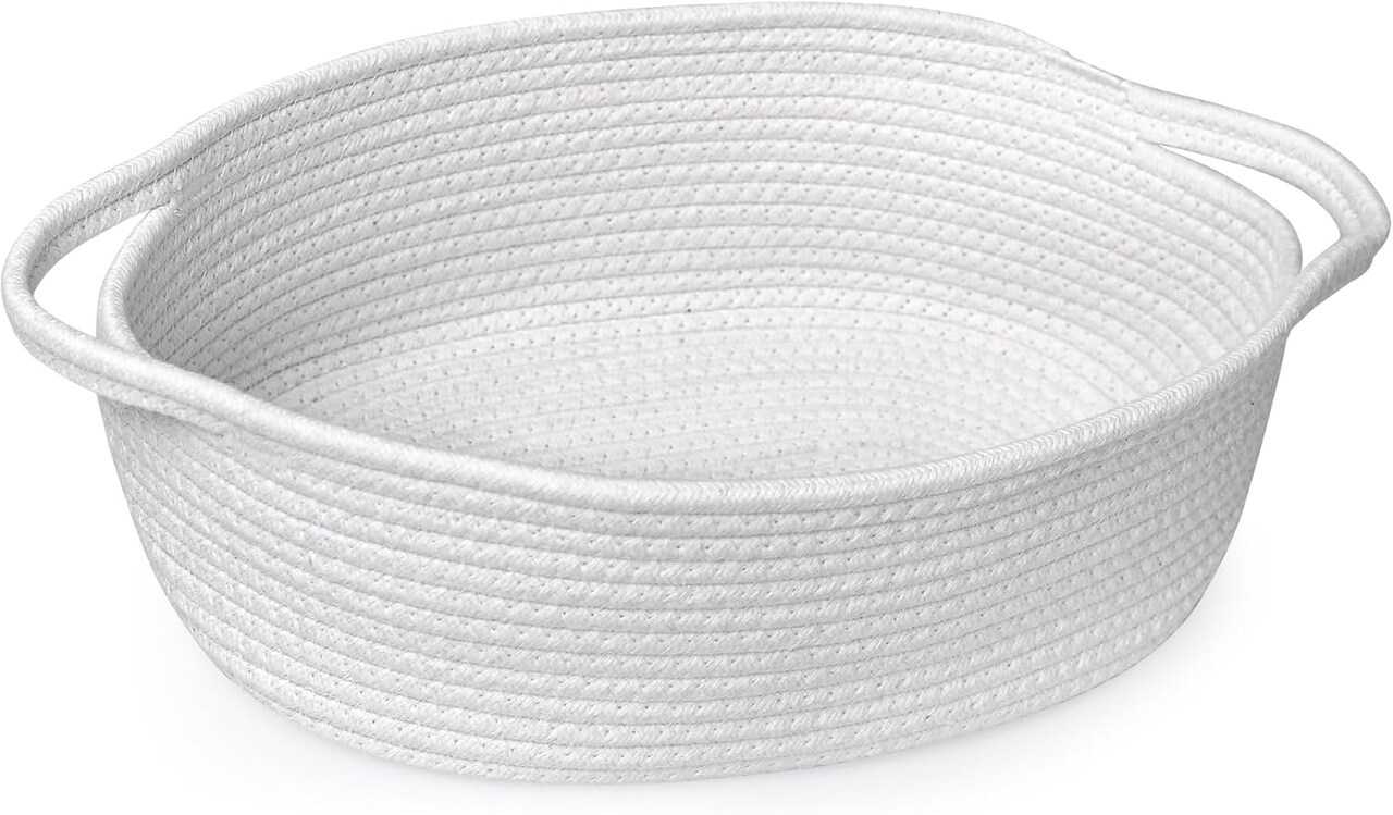 White Small Woven Basket, 13” x 9” x 5” Baskets for Gifts Empty, Cotton Rope Gift Basket, Cute Nursery Baby Basket, Cat Dog Toy Bin Box, Wicker Storage Basket with Handle, Easter Basket